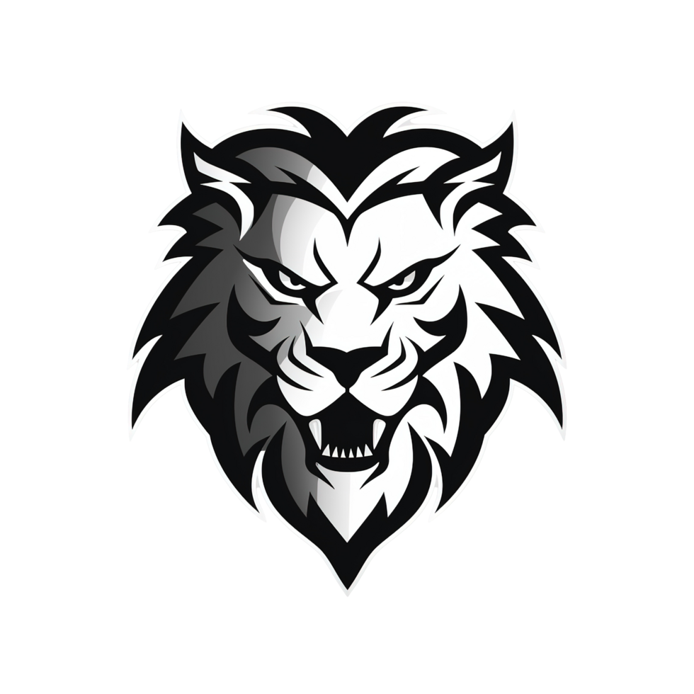An illustrated black and white design depicting a majestic lions head png
