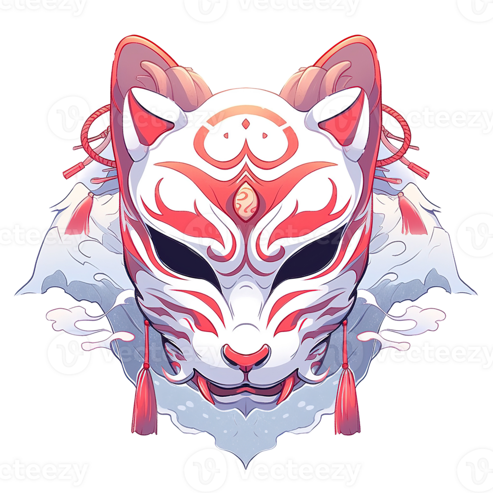 An artistic illustration features a white fox mask with red details png