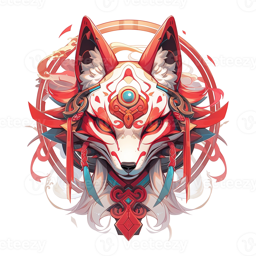A stylized ornate fox illustration with vibrant red and white colors png