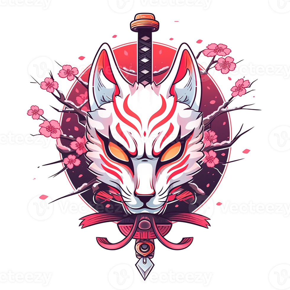 A detailed illustration of a Japanese kitsune with a katana png