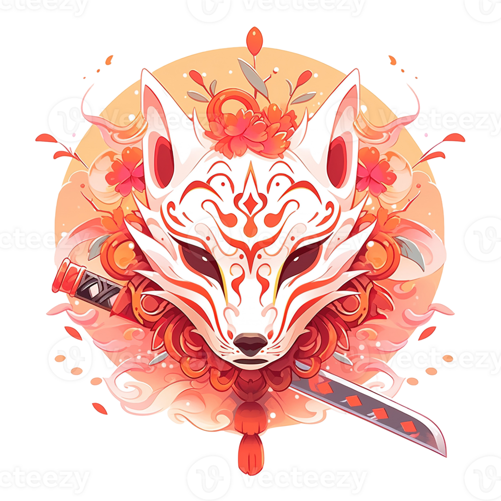 A decorative anime style fox mask with floral and blade elements png