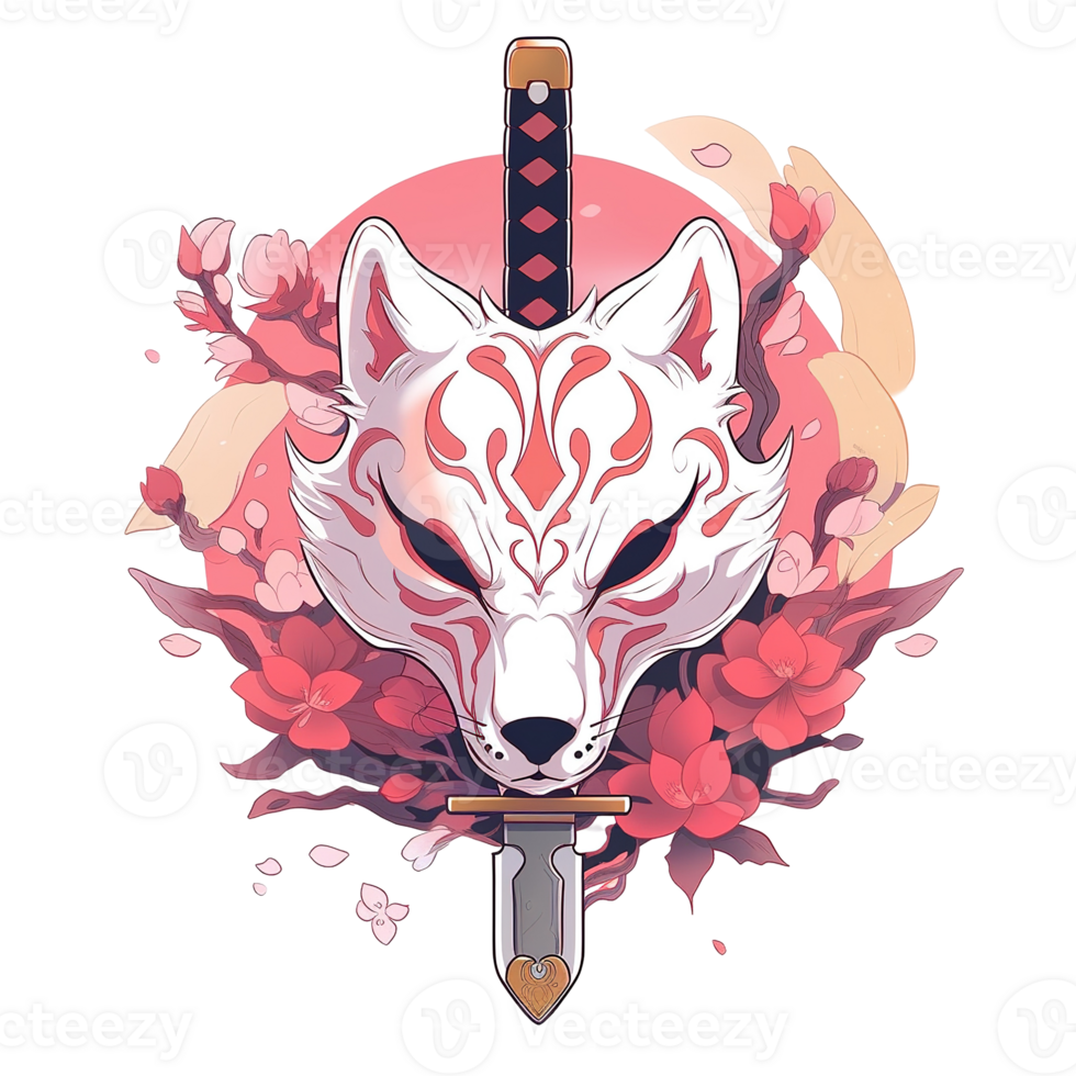 A stylized fox head with a sword and floral elements png