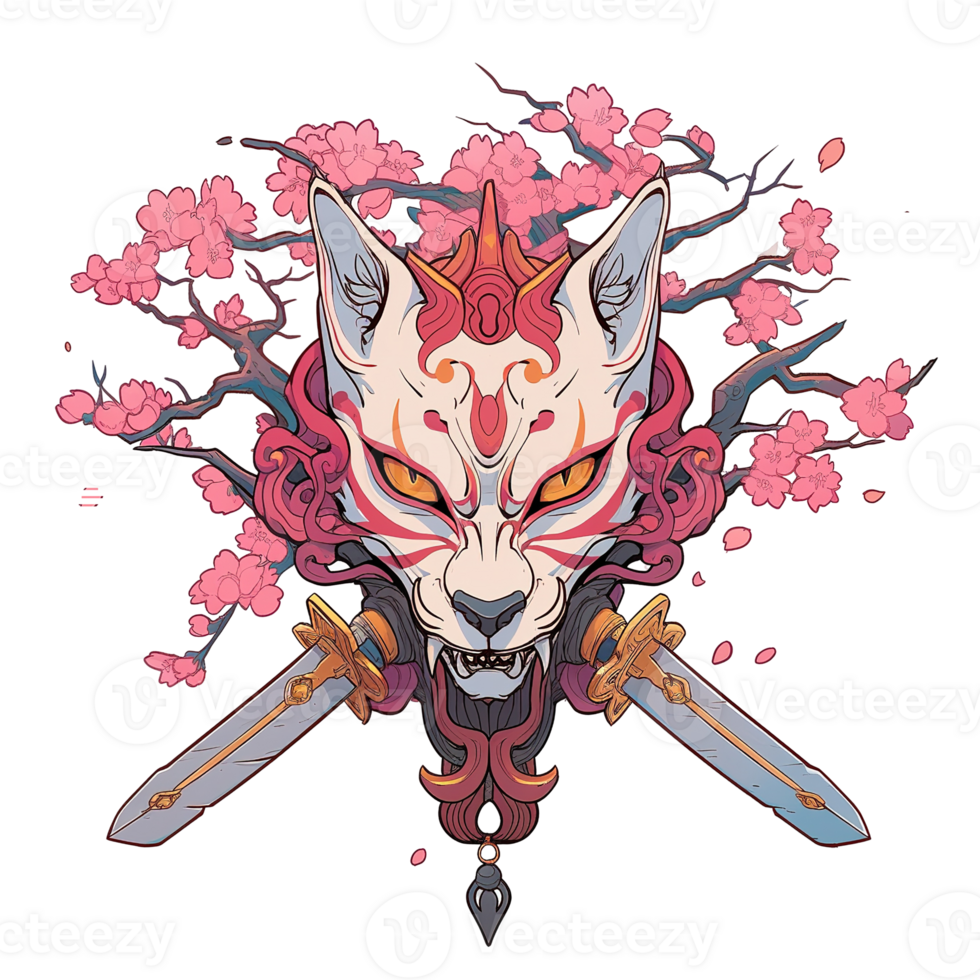 A stylized fox mask with cherry blossoms and crossed swords png