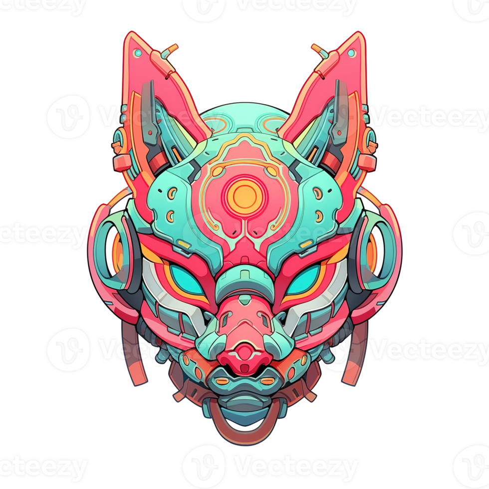 A colorful and stylized robotic fox head with intricate details png