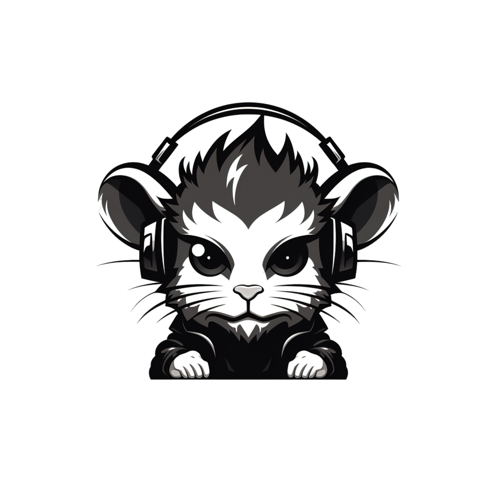 An illustrated black and white mouse wearing headphones and attire png