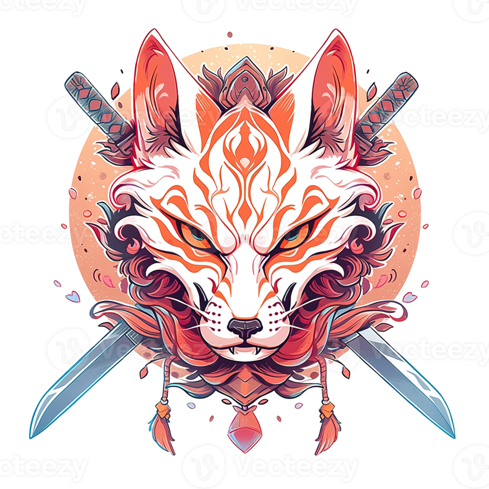 A stylized illustrated fox with swords and ornate design elements png