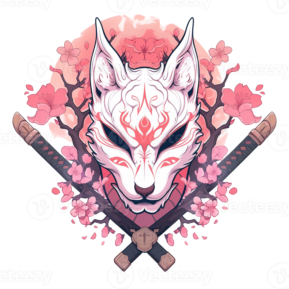 A white stylized fox mask with pink sakura blossoms and swords png