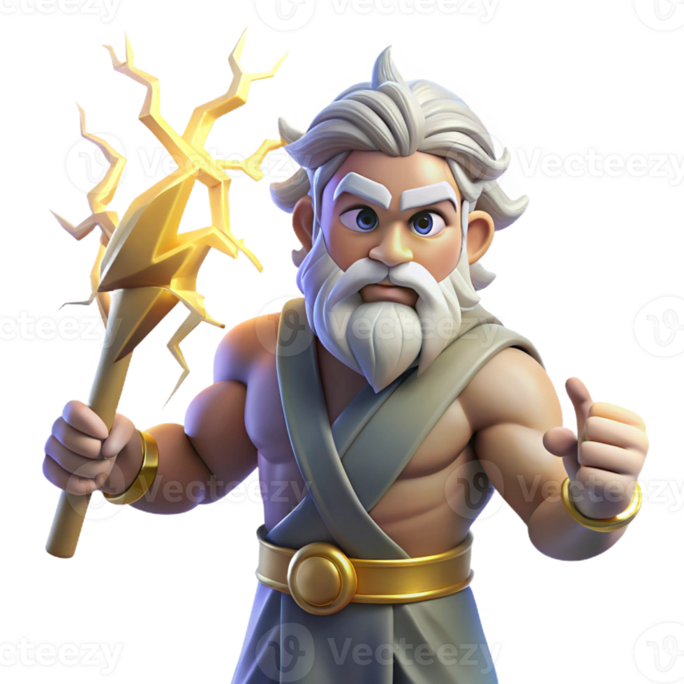 stunning contemporary A powerful Zeus, holding a thunderbolt, his beard crackling with electricity. Dramatic, stormy lighting. Classical Greek style 4K png