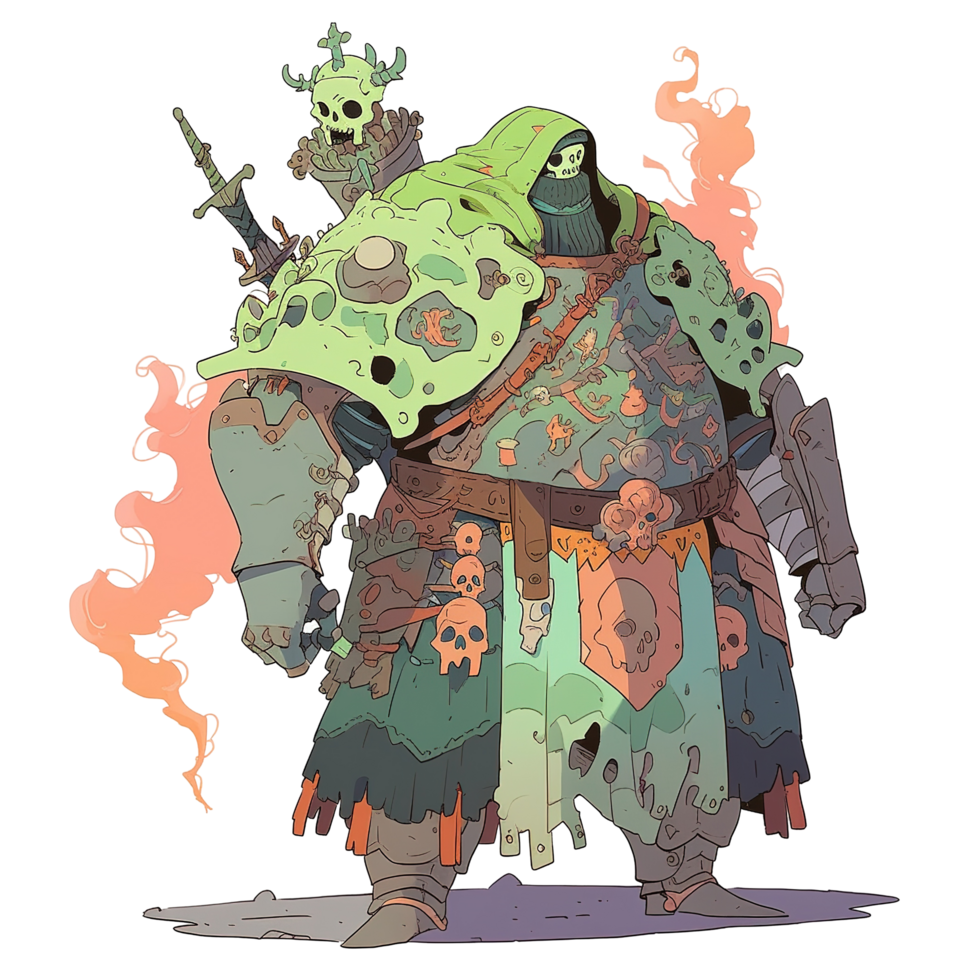 A heavily armored character displays decay with skulllike embellishments and grime png