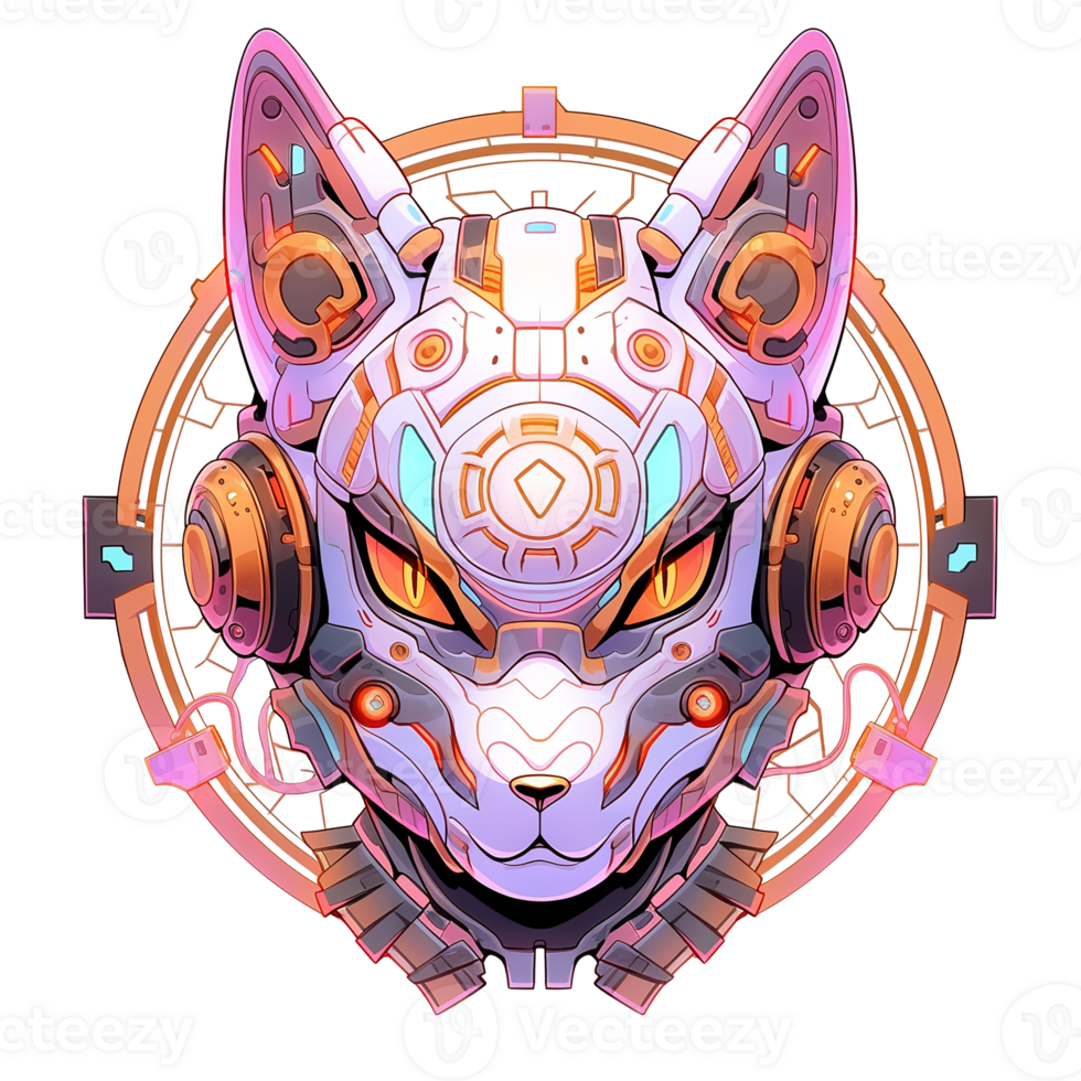 A detailed futuristic robotic cat face portrait in bright colors png