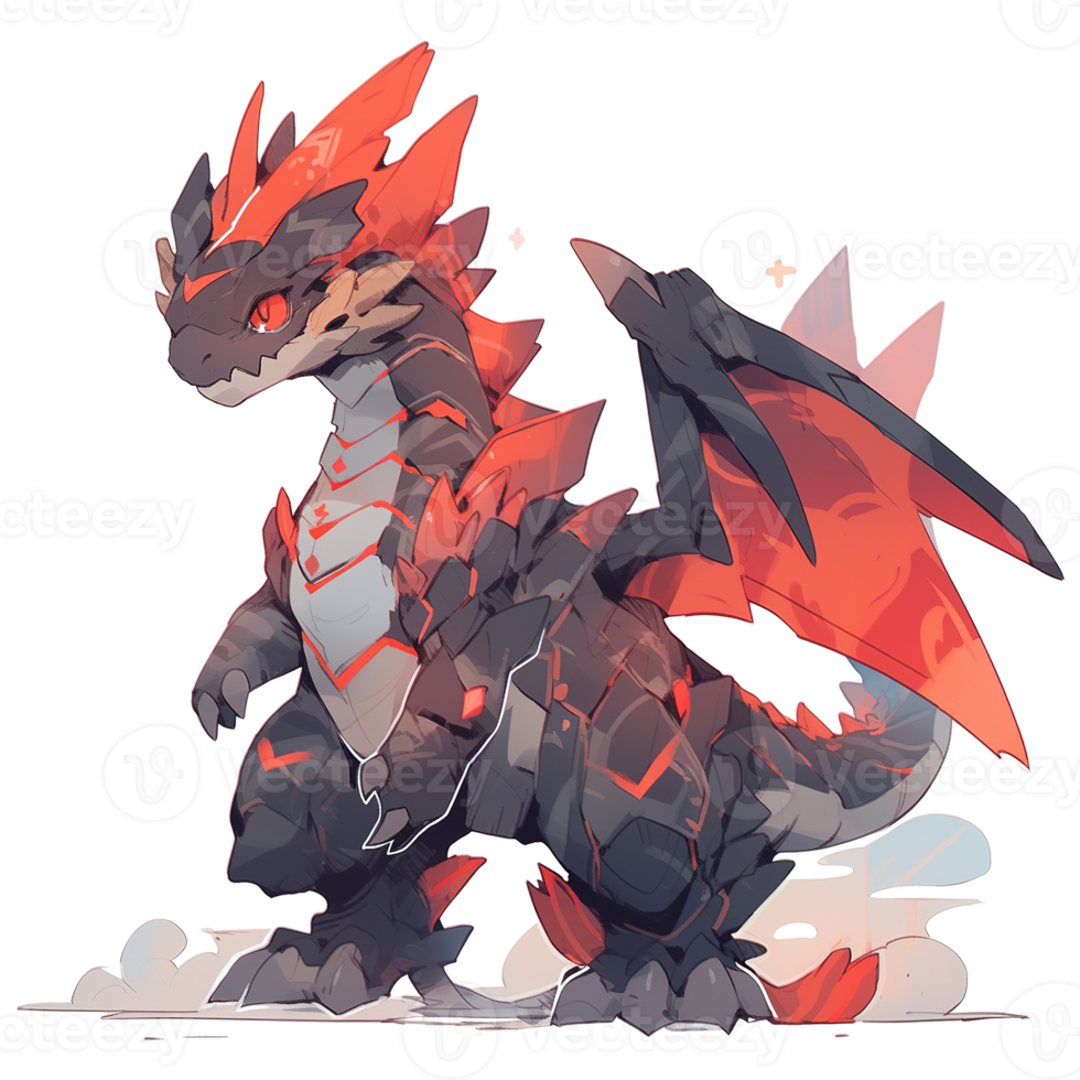 An adorable stylized dragon with red spikes and dark grey scales png