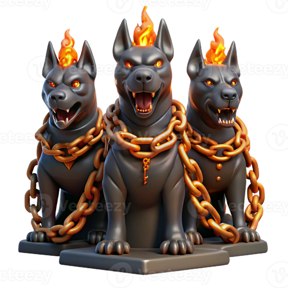 impressive creative A three-headed Cerberus guarding the gates of Hades, chains of blackened iron binding it, eyes burning with infernal fire, dramatic chiaroscuro lighting genuine png