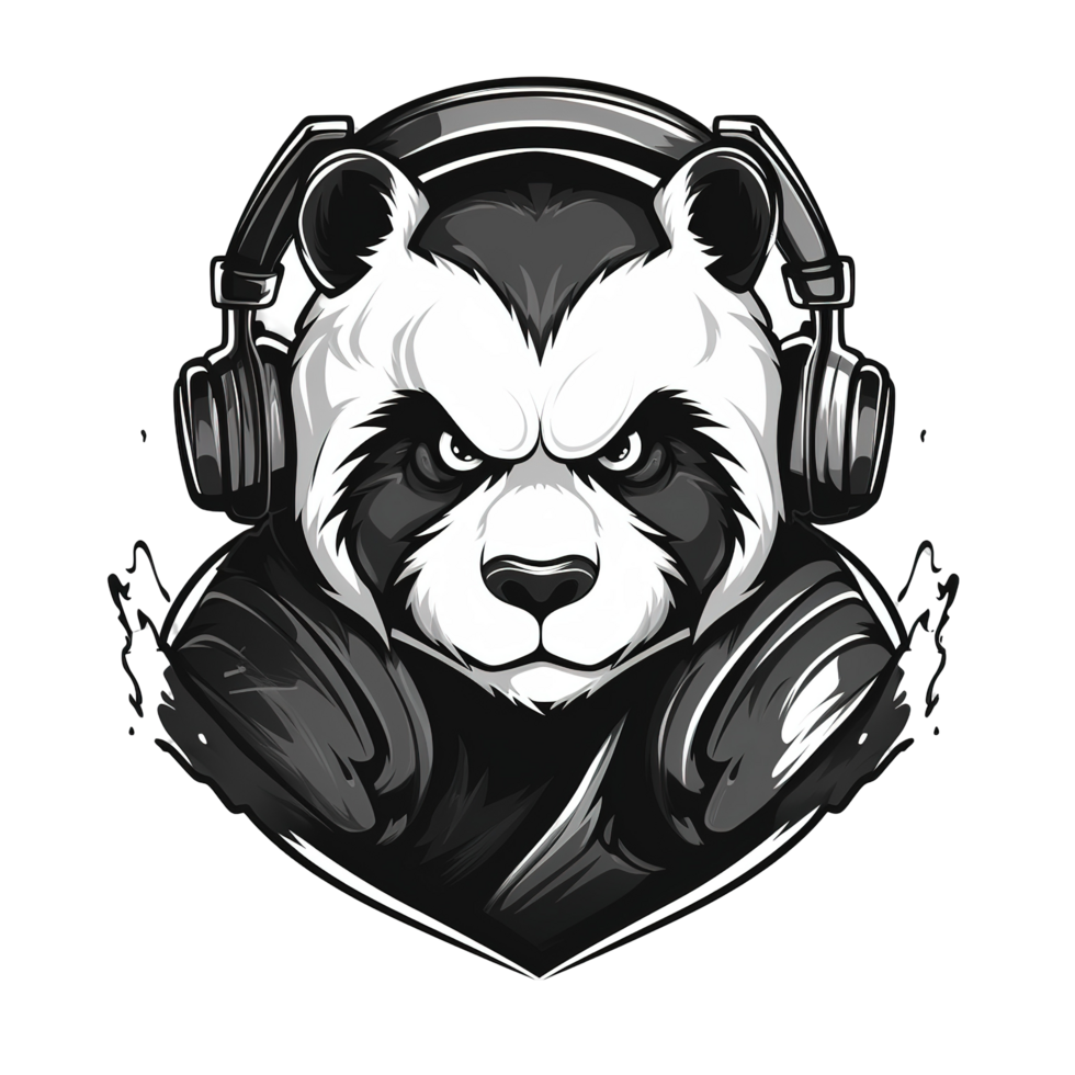 A panda wearing headphones with an intense expression on his face png