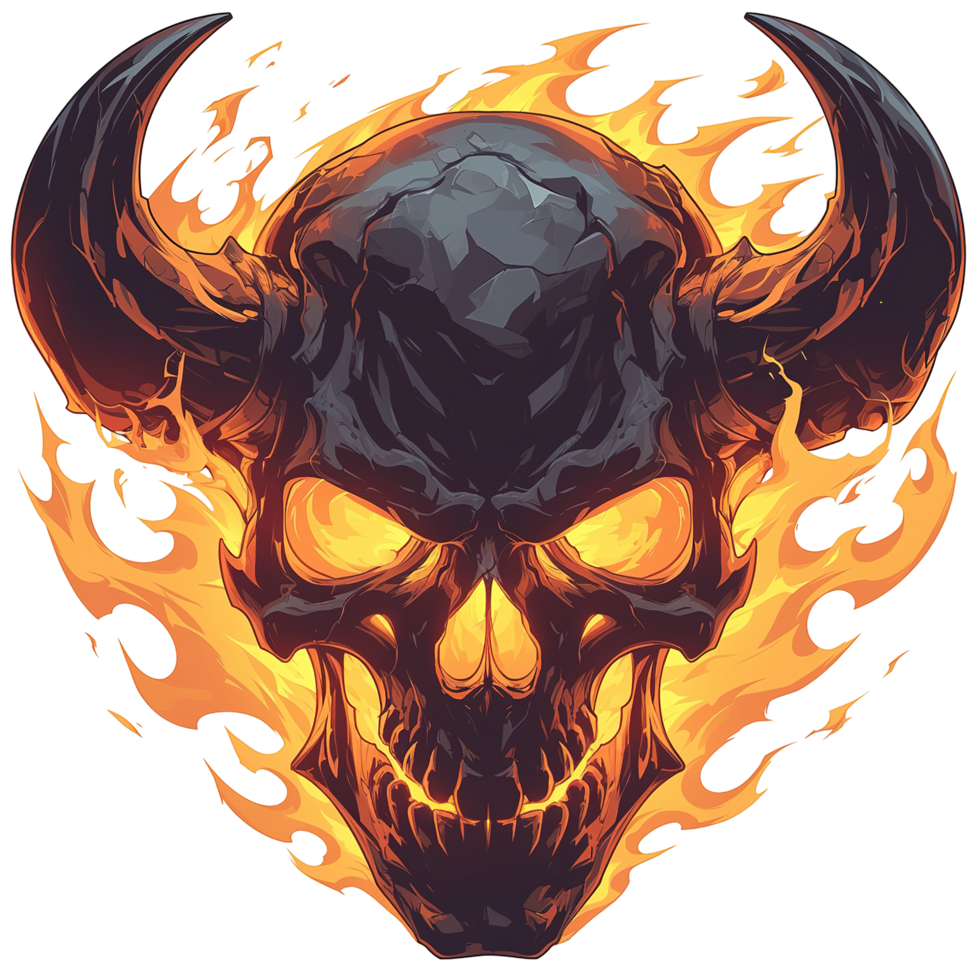 A demonic skull with fiery eyes and large curving horns displayed png