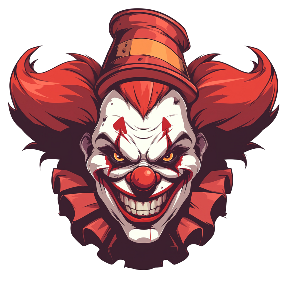 Illustration depicts an intimidating clown with a menacing appearance png