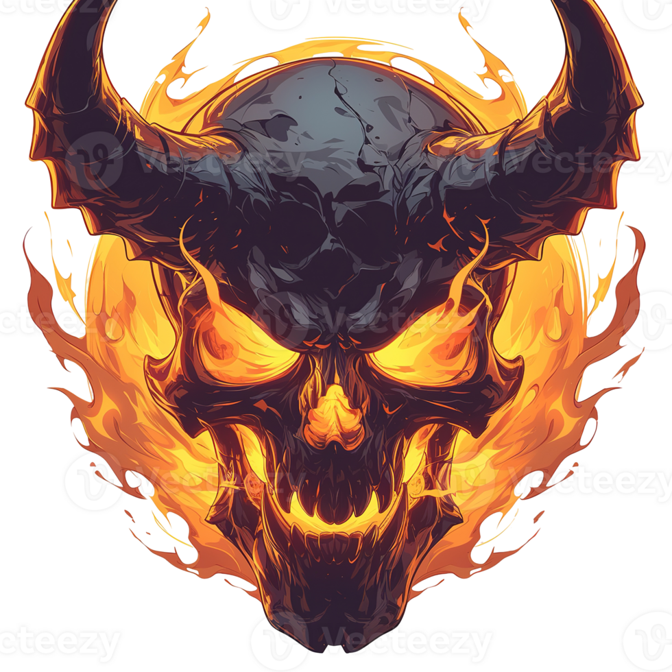 A demonic skull with horns and fiery glowing effects is shown png