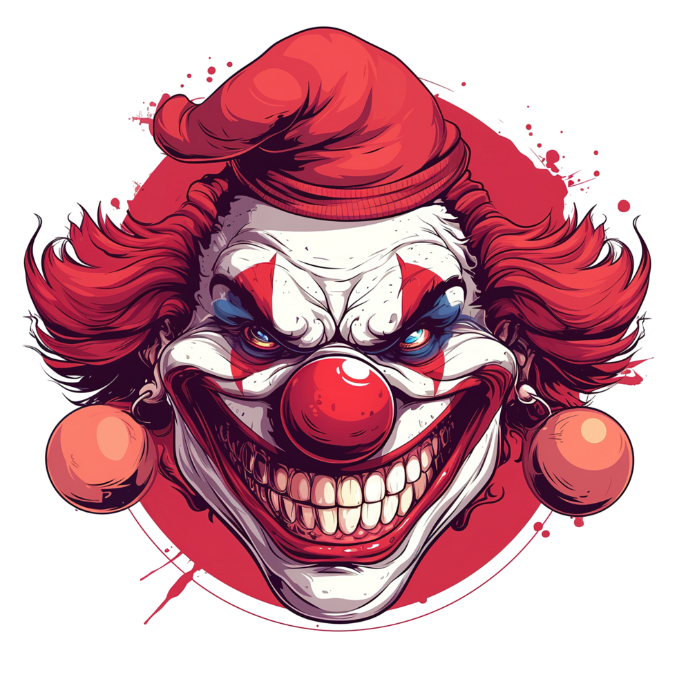 A scary grinning clown wearing red makeup and a silly hat png