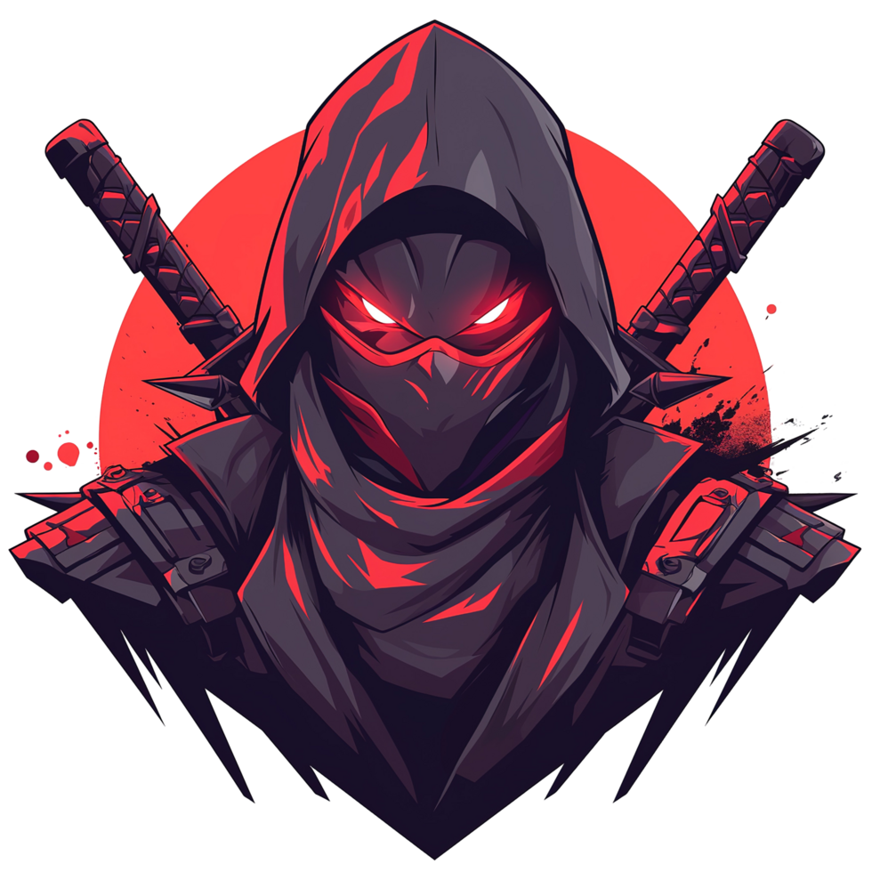 A hooded masked warrior with two swords and glowing red eyes png