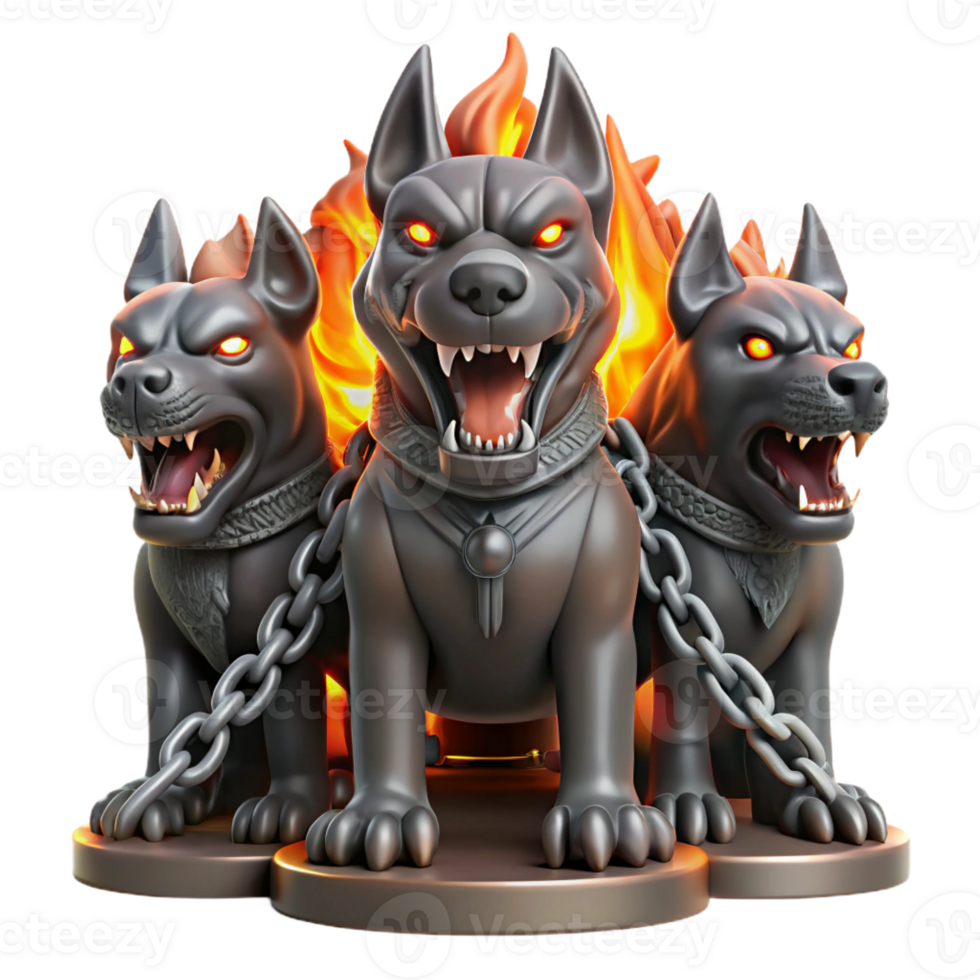 vibrant rustic A three-headed Cerberus guarding the gates of Hades, chains of blackened iron binding it, eyes burning with infernal fire, dramatic chiaroscuro lighting high quality png