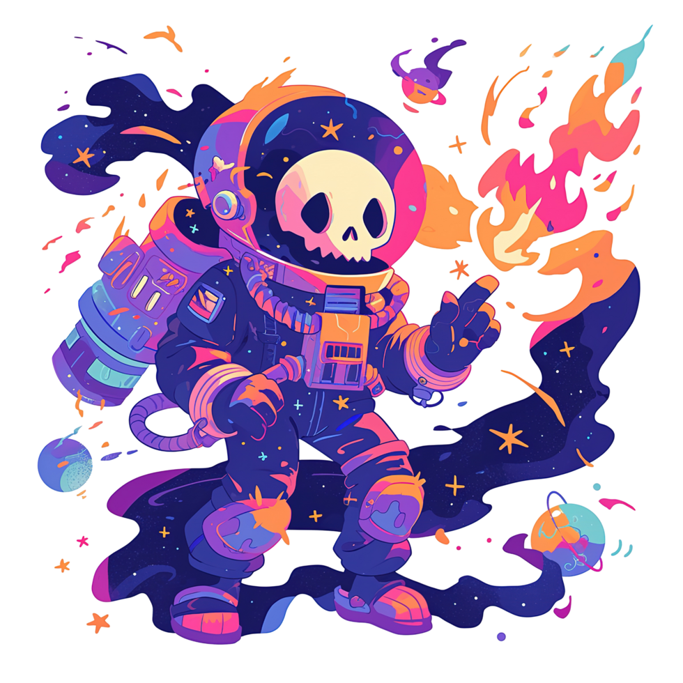 An astronaut skeleton wearing space gear with celestial background and flames png