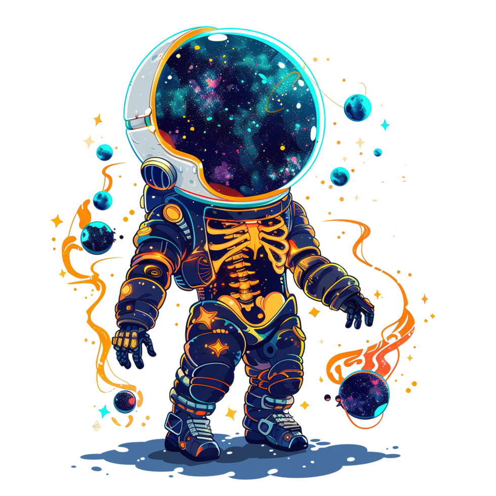 An astronaut with a cosmic helmet and skeleton style design png