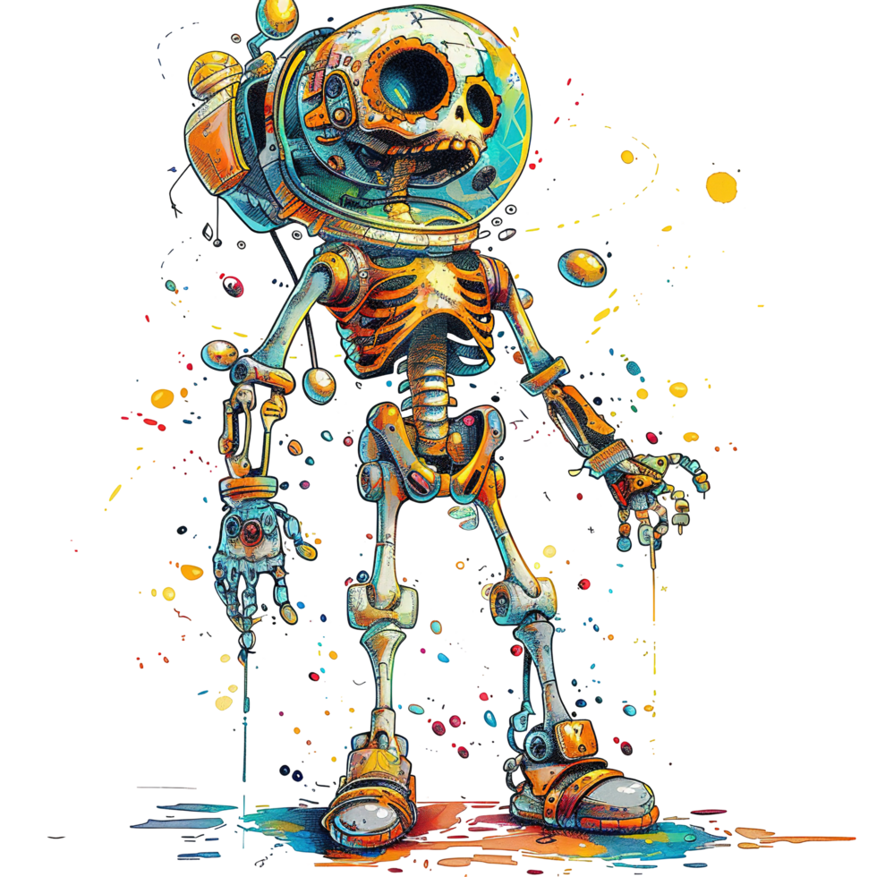 An artistic skeletal figure wearing an astronaut style helmet png