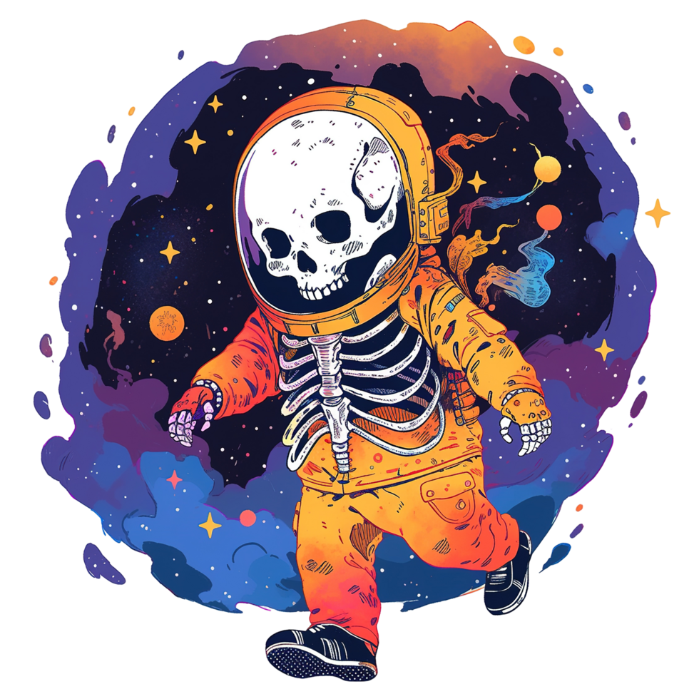 An astronaut skeleton is exploring the vast colorful space area png