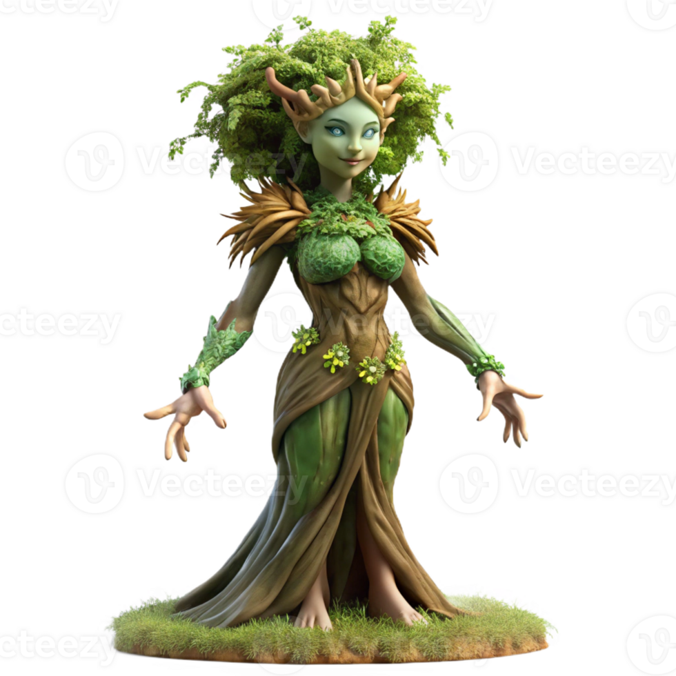 elegant rustic An elegant dryad emerging from an ancient oak, her skin textured like bark, adorned with moss and flowering vines, soft, dappled sunlight authentic png