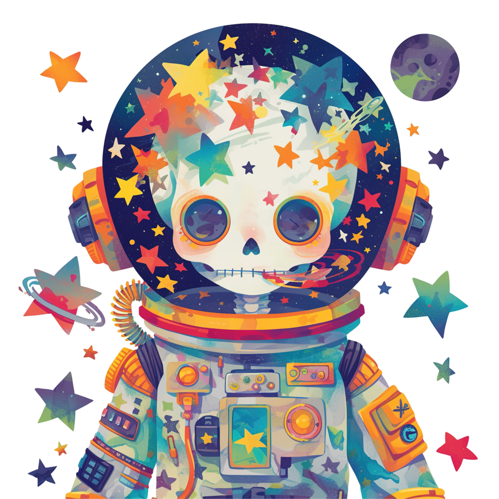 An astronaut skeleton wearing a starry spacesuit and helmet png
