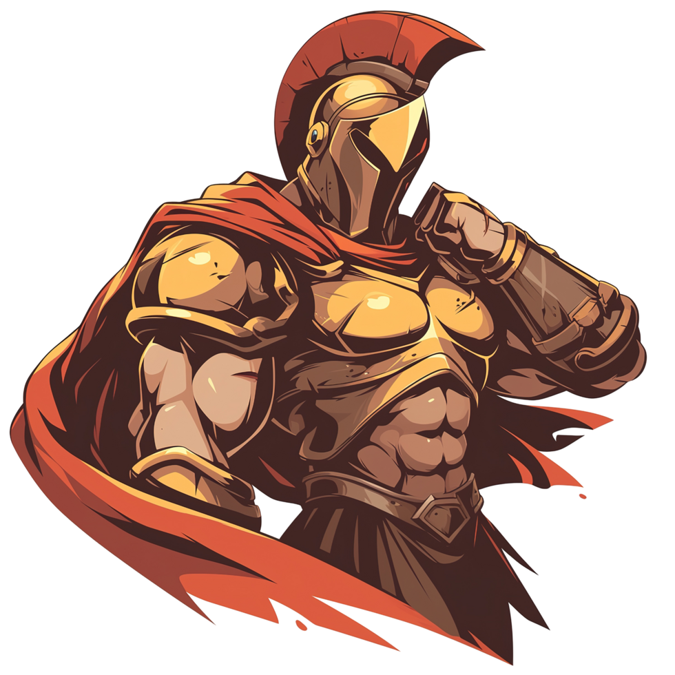 A powerful stylized armored warrior with a red cape is depicted png