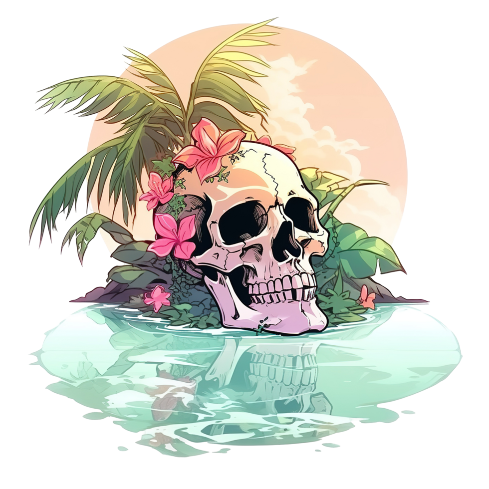 A skull surrounded by plants and water reflects itself png