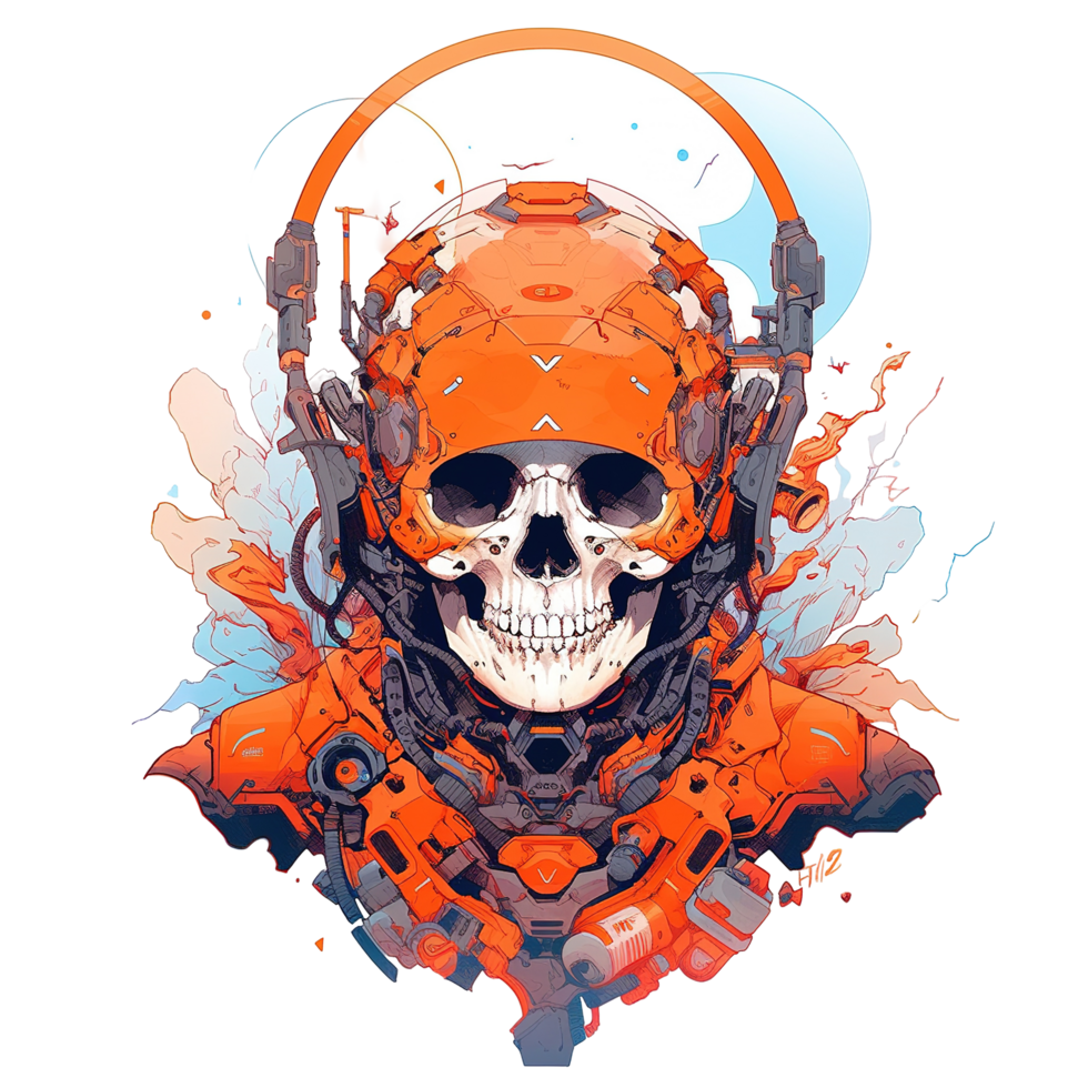 An artistic depiction of a skull wearing futuristic orange armor png