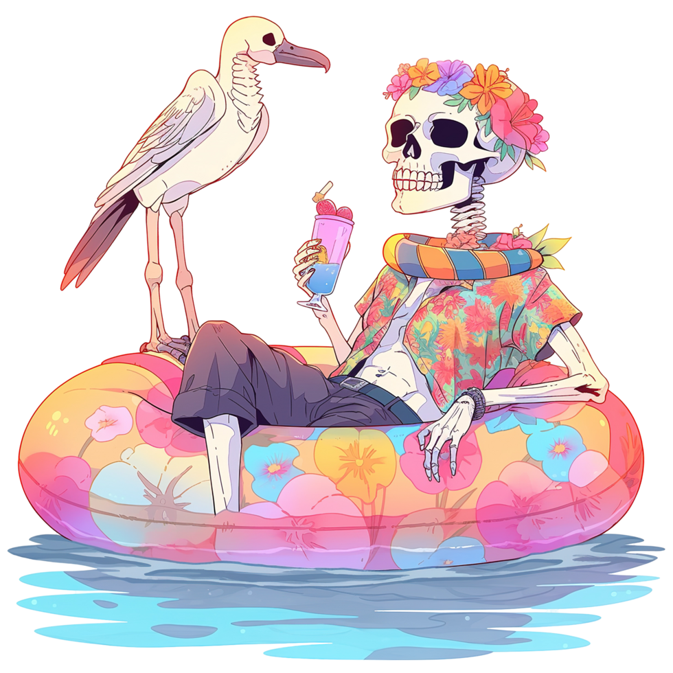 A skeletal figure relaxes on a float with bird and drink png