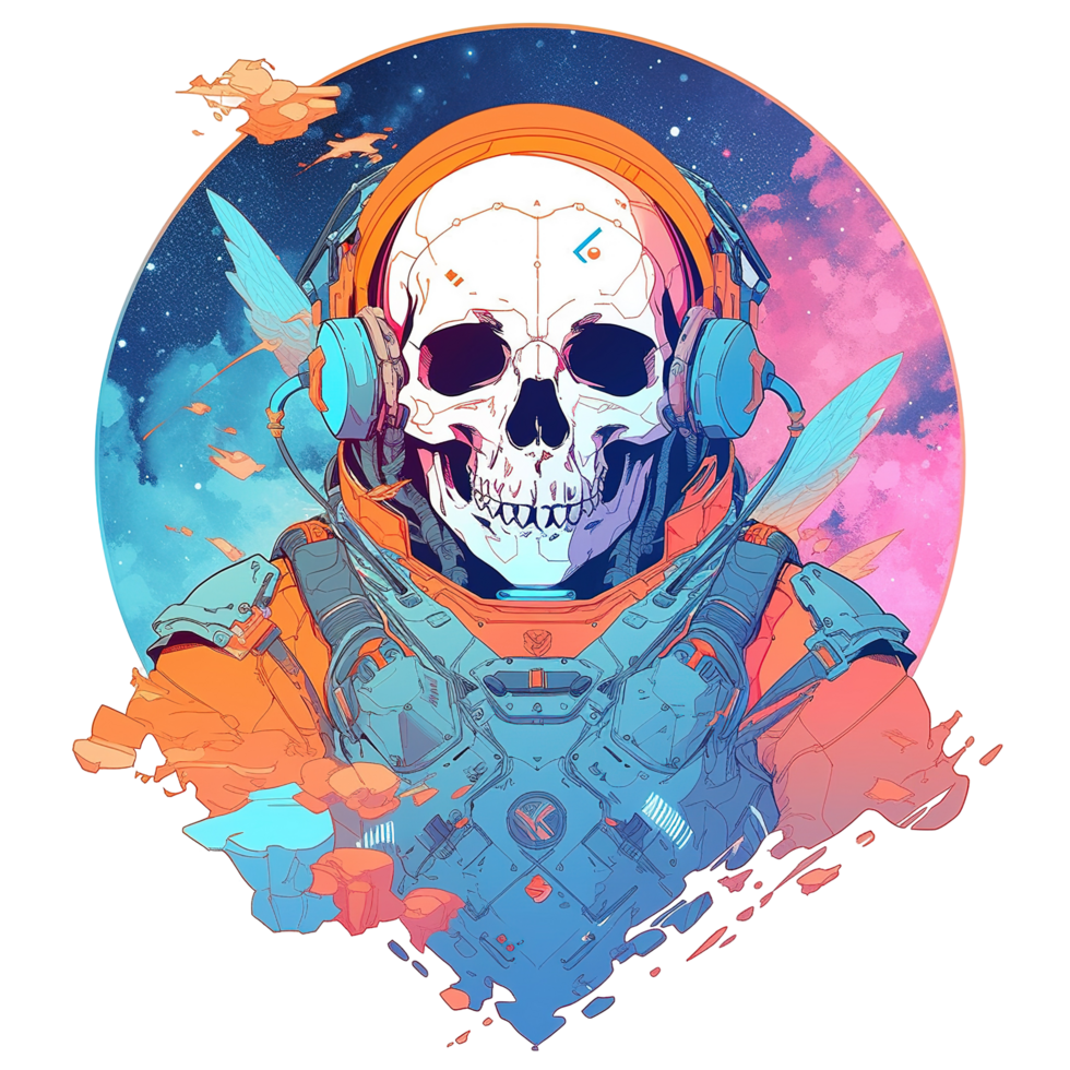 A skull wearing a futuristic helmet and suit in space png