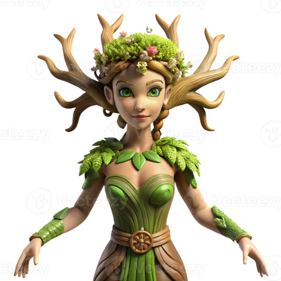 dramatic abstract An elegant dryad emerging from an ancient oak, her skin textured like bark, adorned with moss and flowering vines, soft, dappled sunlight exclusive png