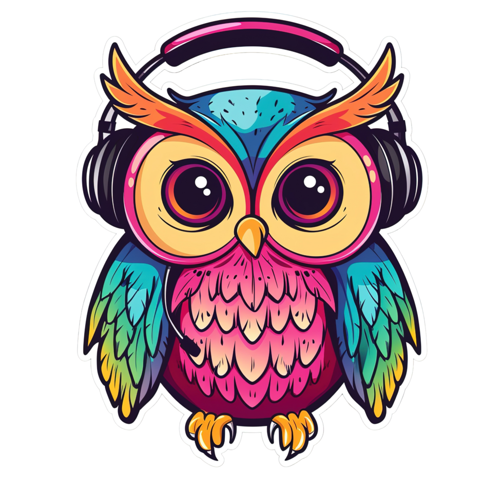 A colorful cartoon owl wearing headphones and a microphone png