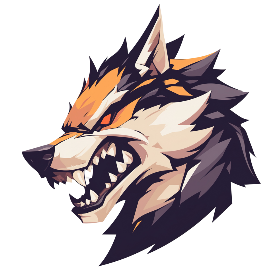 An artistic illustration of a snarling wolf head with aggressive expression png