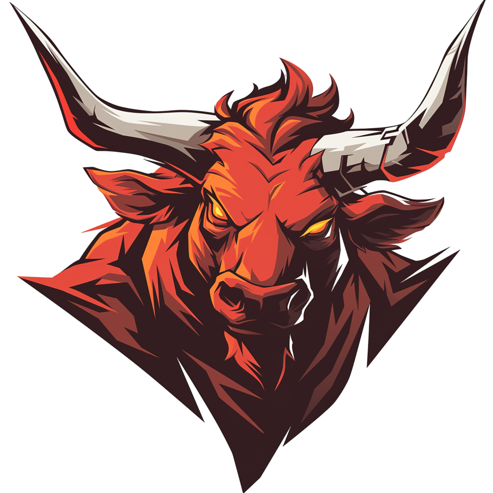 An angry red bull head with large and sharp curving horns png