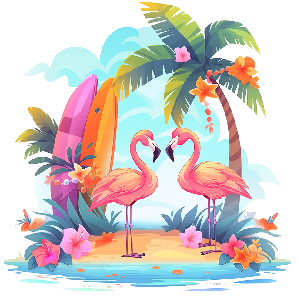 Two pink flamingos facing each other at a tropical beach scene png