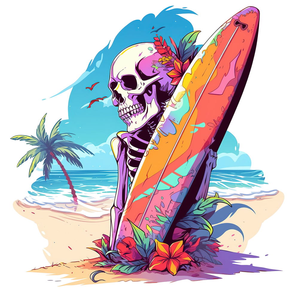 A colorful skeleton on a beach holding a surfboard happily png