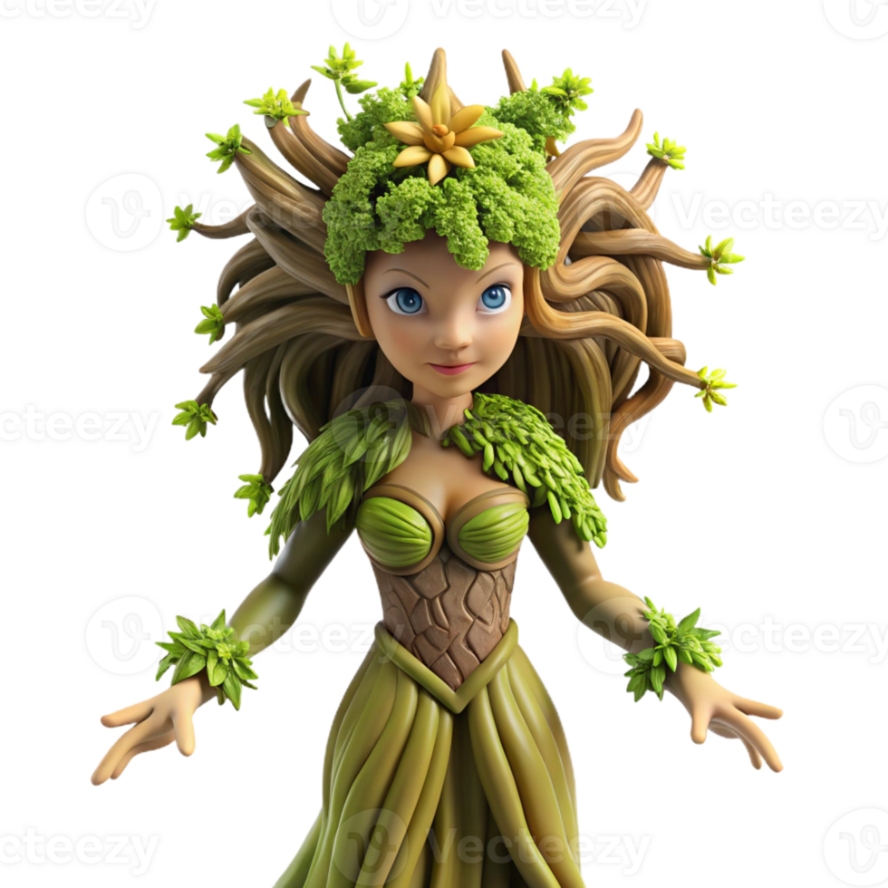 magnificent minimalist An elegant dryad emerging from an ancient oak, her skin textured like bark, adorned with moss and flowering vines, soft, dappled sunlight professional png
