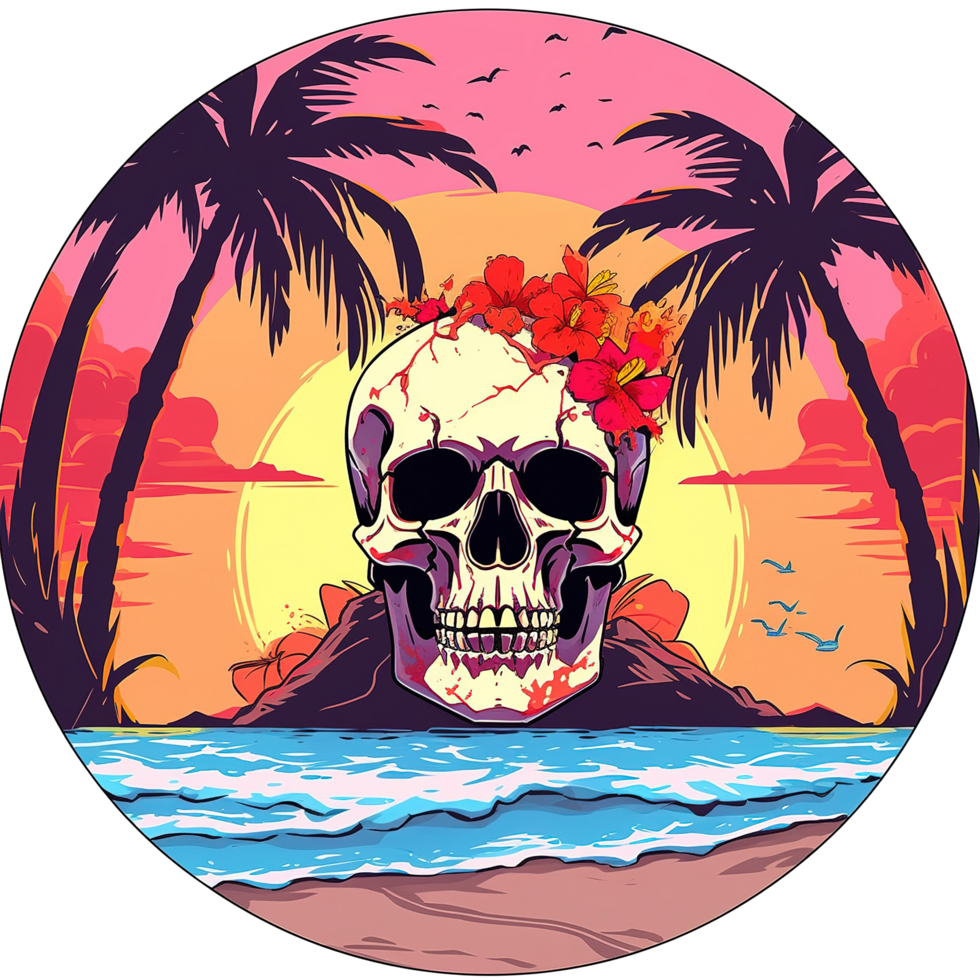A floral decorated skull rests upon an island beach sunset png