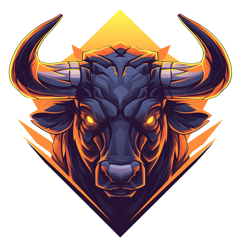A fierce illustration of a bull with glowing golden eyes png