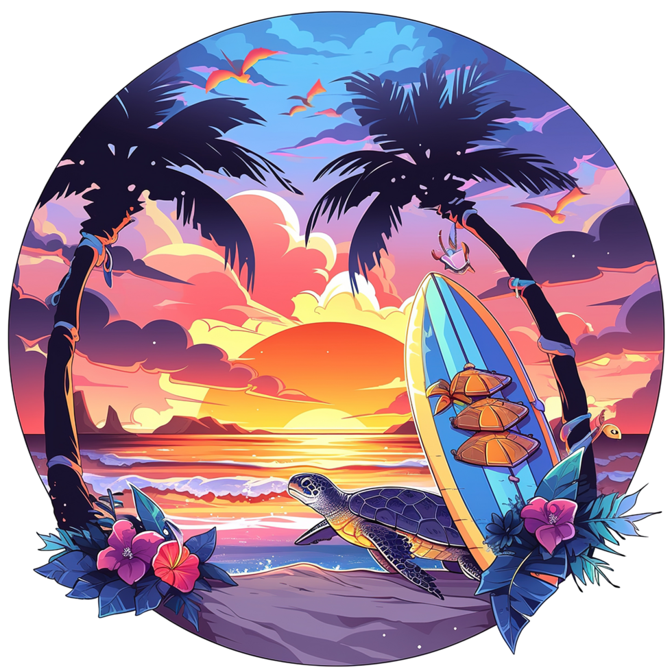 A scenic sunset image features palm trees a turtle and surfboard png