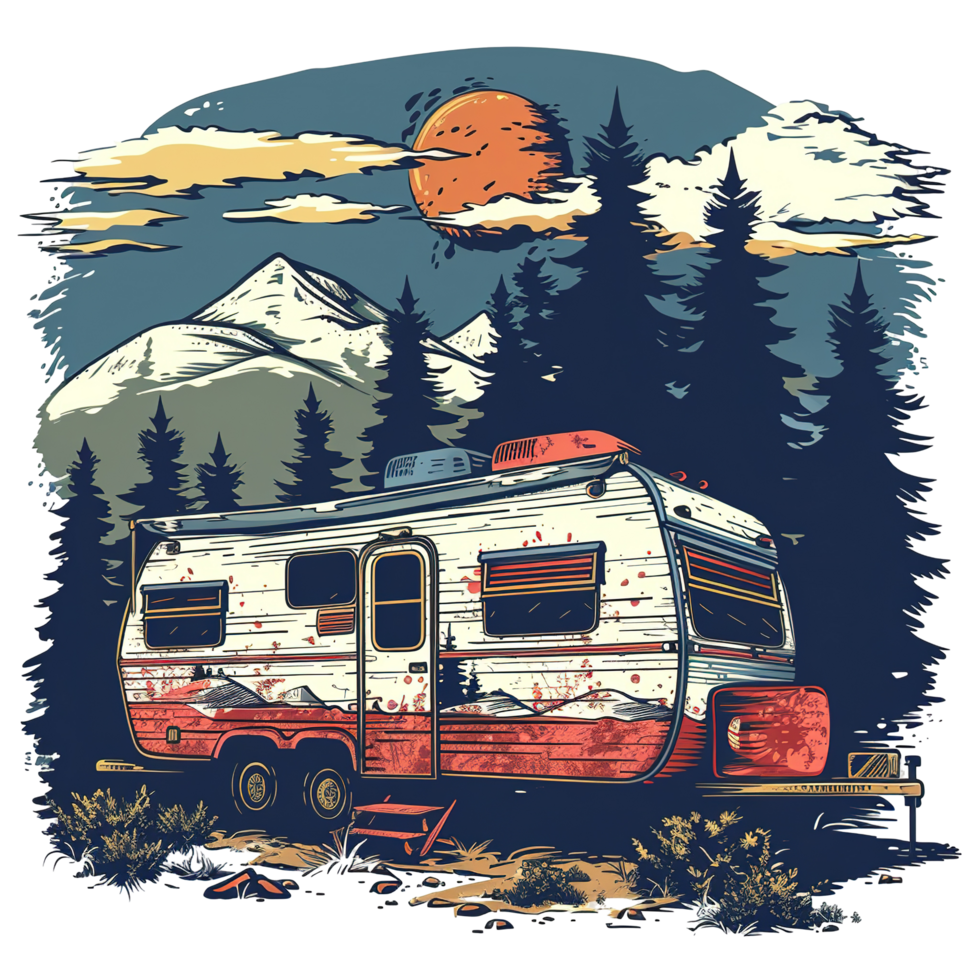 A recreational vehicle parked near mountains under a colorful sky png
