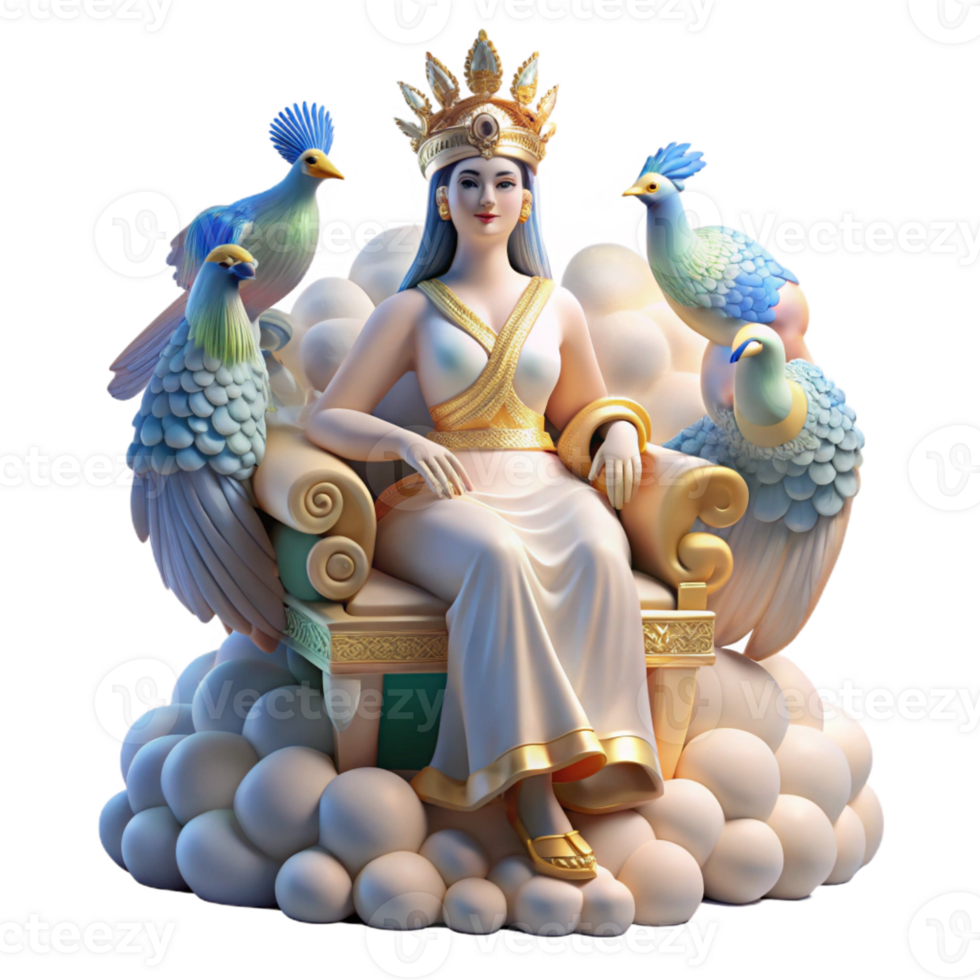stunning contemporary A regal Hera, seated on a throne of clouds, surrounded by peacocks. Soft, ethereal lighting. Renaissance style premium png