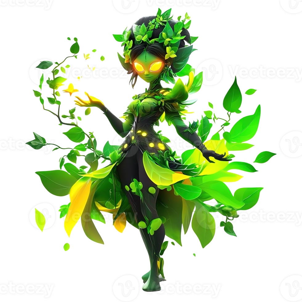 An animated fantasy character adorned with green leaves and flowing attire png