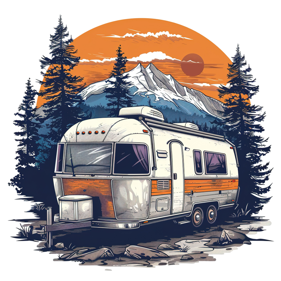 A vintage recreational vehicle is parked in a scenic mountain landscape png