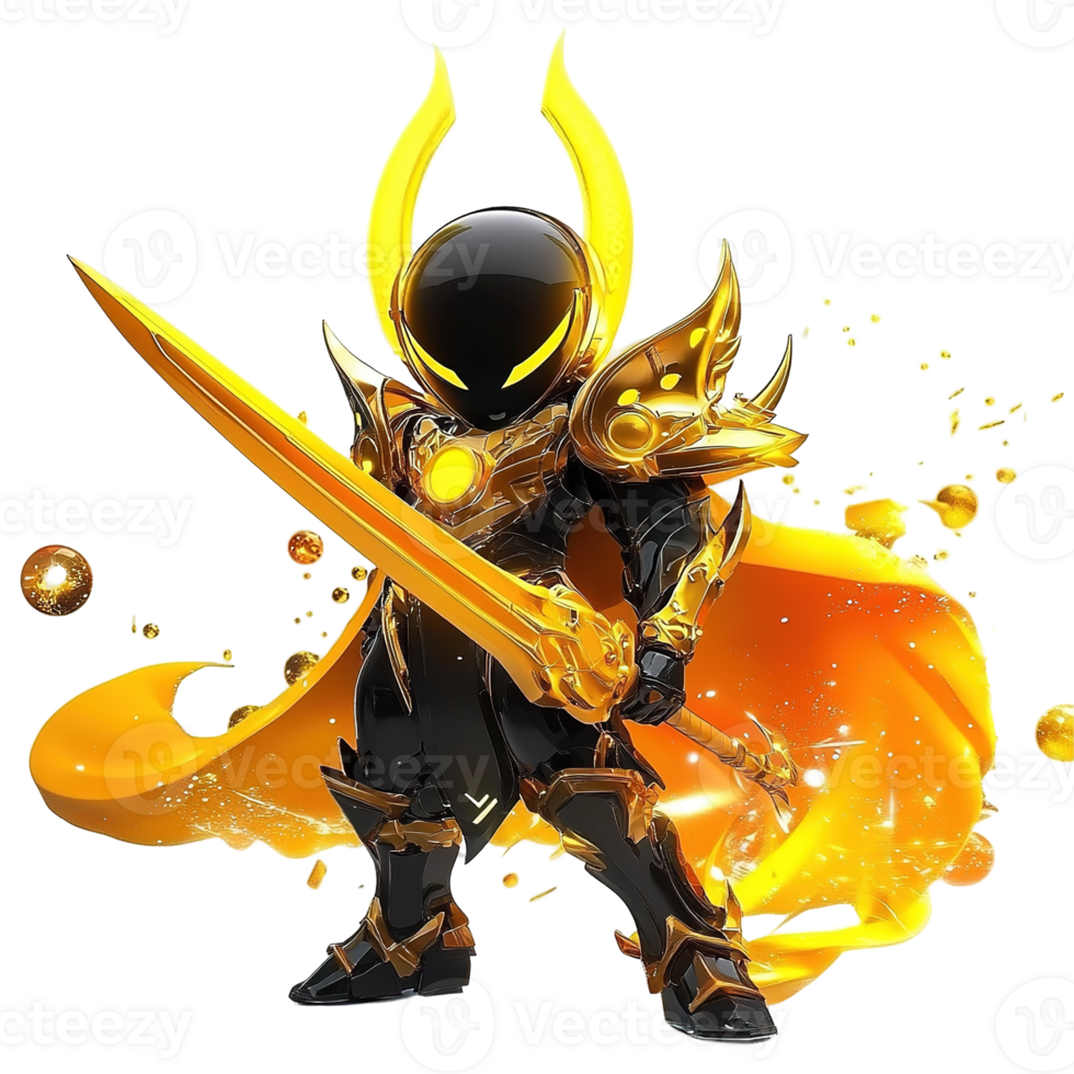 A powerful golden armored figure holding a glowing sword confidently stands png