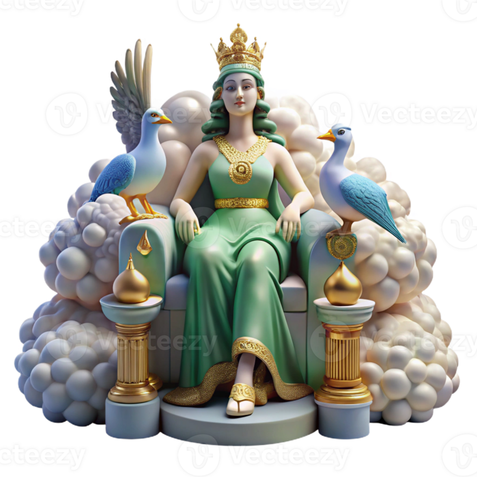 impressive minimalist A regal Hera, seated on a throne of clouds, surrounded by peacocks. Soft, ethereal lighting. Renaissance style original png